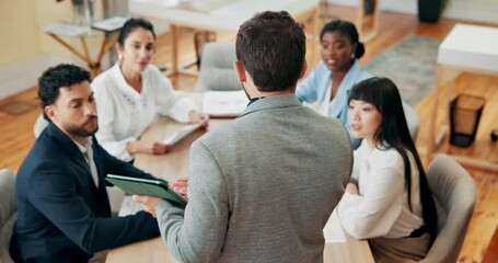 Poster - Business people, meeting and tablet for presentation, research or online networking for schedule planning. Manager, back and employee with technology for speaker, report review and office scroll