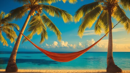 Wall Mural - relaxing in a hammock between palm trees on a tropical beach during sunset