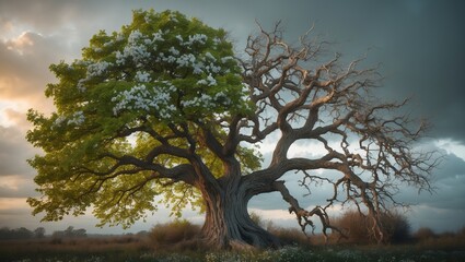 Wall Mural - unique tree displaying vibrant foliage and stark branches under a cloudy sky in a serene landscape d