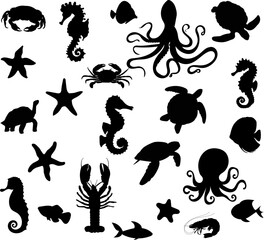 Wall Mural - sea ​​creatures set silhouette on white background vector