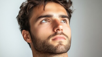 Wall Mural - minimalistic attractive portrait of 30 years old brunette man looks up on white background, male face