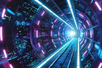 Wall Mural - futuristic tunnel with glowing neon lights and binary code leading to bright light at the end, conce