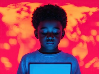 Child engaged with technology global background portrait neon environment close-up view digital awareness