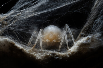 Highly detailed microscopic view of a dust mite crawling on a fabric surface, with its translucent body and tiny legs visible among dust particles and fibers Generative AI