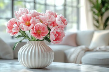 Wall Mural - Vase of pink flowers tulip on table in living room