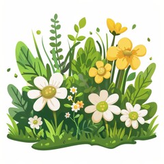 Wall Mural - A drawing of a field of flowers with a white and yellow flower in the foreground