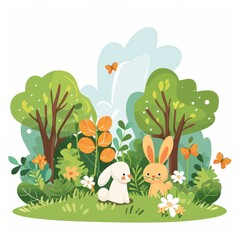 Wall Mural - A rabbit and a butterfly are sitting in a grassy field