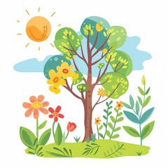 Wall Mural - A tree with flowers and leaves is in a field with a bright sun shining on it