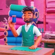 © Vibudhaart - A cheerful cartoon tailor holds thread, surrounded by colorful fabric rolls in a vibrant workshop.