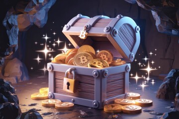 A treasure chest overflowing with Bitcoin, symbolizing cryptocurrency wealth and digital riches.