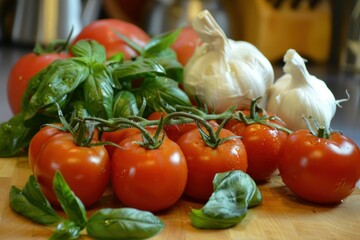 Wall Mural - Ripe tomatoes on the vine, fresh basil leaves, and garlic bulbs rest on a wooden cutting board, ready for cooking