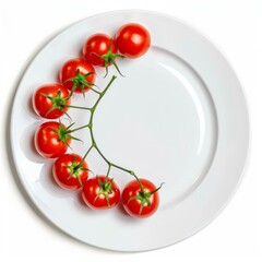 Wall Mural - Freshly picked cherry tomatoes on the vine are artfully arranged on a pristine white plate, creating a visually appealing culinary scene