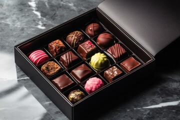 Aufkleber - Assorted luxury chocolates arranged neatly in a black box on a marble surface