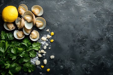 Wall Mural - Fresh clams with lemon and parsley on a dark textured surface in a culinary setting