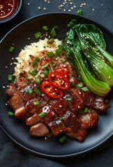 Wall Mural - Savory grilled meat served with rice and vegetables in a black bowl