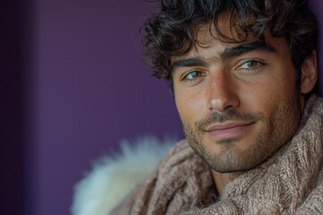 Wall Mural - Close-up of a man with curly hair wearing a cozy scarf, relaxing indoors in a stylish environment during daylight