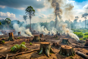 Climate Change Impact ,A deforested area with smoking tree stumps and remnants of trees, illustrating the impact of logging and environmental degradation.