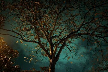 Wall Mural - Low angle view of a majestic tree at night, illuminated by a soft light against a dramatic teal sky