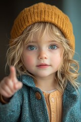 Wall Mural - Charming little girl with curly hair and a golden beanie pointing playfully during an indoor activity