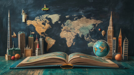 geography textbook, outline science symbols on school board. vector scientific educational backgroun