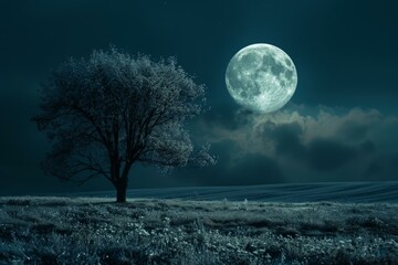 Wall Mural - Big bright moon illuminating a lonely tree and a field at night