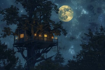 Wall Mural - Wooden treehouse glowing at night under a large full moon and starry sky