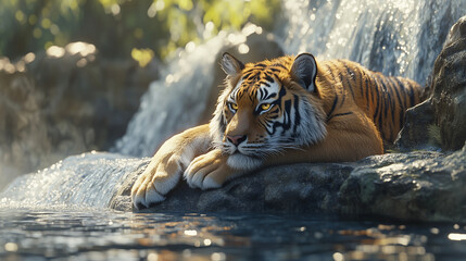 Wall Mural - a peaceful tiger resting near a waterfall, its golden eyes reflecting the serenity of eden