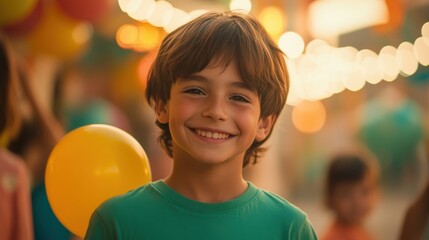 A cheerful boy with dark brown hair wearing a bright green T-shirt and holding a yellow balloon, surrounded by a lively party scene with colorful decorations, balloons, and other children in the backg