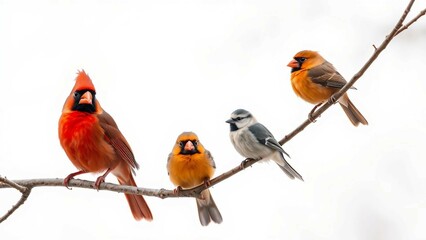 Wall Mural - Vibrant birds including cardinals and a tufted titmouse perched sequentially on a tree branch isolat