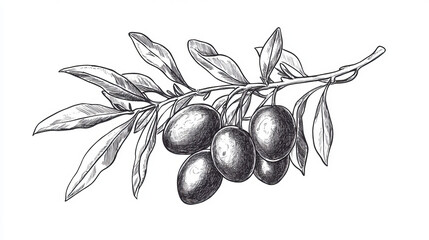 sketch of olive tree branch with green olives. vector object, vegetarian vegetable food salad ingred
