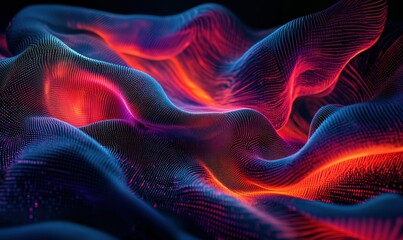 Abstract streams of data in glowing red and blue lines, weaving seamlessly into a digital matrix.