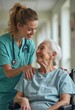 © natakot - In a warm and inviting healthcare setting, a young nurse leans down to share a joyful moment with an elderly woman in a wheelchair. Their smiles radiate warmth and connection, highlighting the beauty