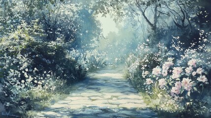 Wall Mural - A painting of a path through a forest with flowers on the side