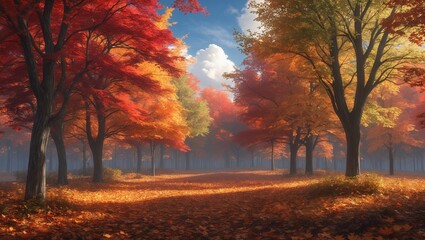 Wall Mural - vibrant autumn landscape with colorful trees and fallen leaves at midday