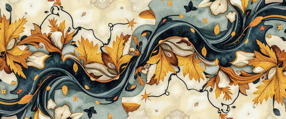 Wall Mural - A blue and white design with leaves and butterflies. The leaves are yellow and the butterflies are black