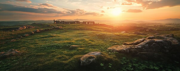 Wall Mural - A sun sets over a tranquil, grassy field with rocks.