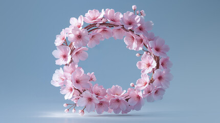 on a soft blue background there is a beautiful wreath of soft pink cherry blossoms. pastel colors.