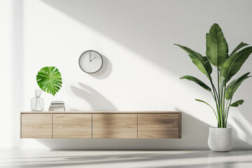 Wall Mural - Beautifully designed minimalist Scandinavian interior with wooden sideboard and indoor plant enhancing the serene atmosphere