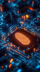 Wall Mural - futuristic microchip with digital fingerprint on vibrant circuit board