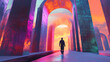© Thiago - Mysterious figure surrounded by monumental structures futuristic landscape digital art atmospheric setting conceptual representation. Monumental Structures. Illustration