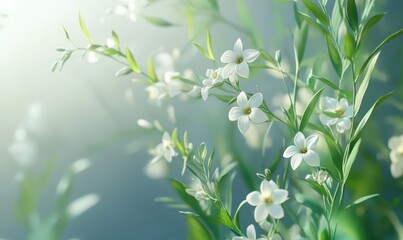 Wall Mural - Delicate jasmine flowers blooming on vibrant green stems, illuminated by soft sunlight, evoking serenity and grace