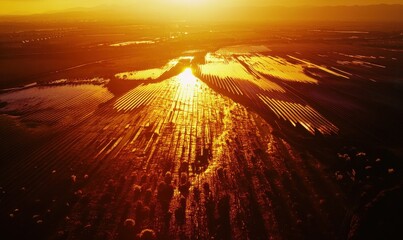 Drone capturing stunning aerial footage of a solar farm during golden hour, panels shimmering in the light.