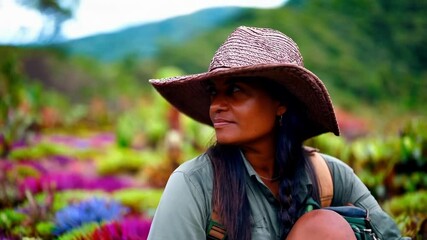 Wall Mural - experienced botanist carefully examining vibrant plant species within lush tropical highland garden,