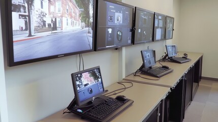Wall Mural - modern technology setup with multiple monitors in a workspace