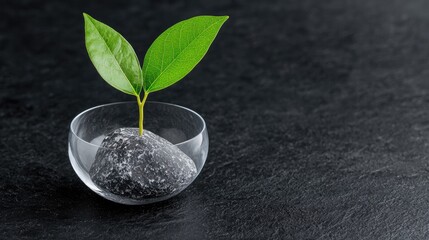 Wall Mural - Sprout growing on stone in glass bowl, dark background