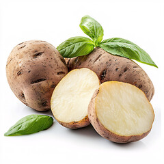 Sticker - A close-up of whole and halved potatoes, adorned with fresh green leaves, set against a clean white background.