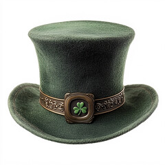 A textured green leprechaun hat features an ornate band with a clover detail, set against a plain white background.