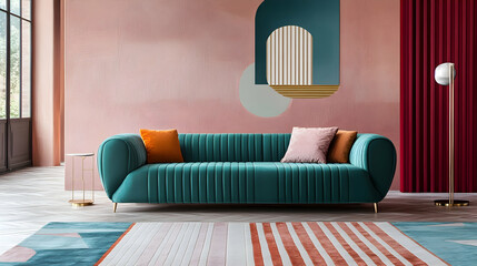 Wall Mural - Modern pastel interior with a stylish teal sofa and geometric patterns