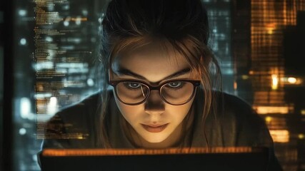 Scene of a bespectacled woman focused on processing data on a computer screen, smooth repetitive motion for background video animation