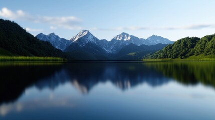 Wall Mural - Snow-capped mountains rise majestically beside a serene lake, their reflection perfectly mirrored on the calm water. Lush green trees line the shore, creating a peaceful atmosphere